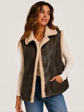 Anthropologie Faux Shearling Leather Look Vest Brown Cream Size Medium